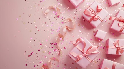 Pink presents and party confetti on pastel background