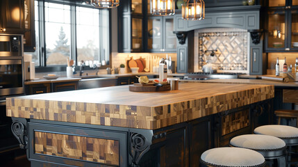 A luxurious Modern Craftsman kitchen design focused on a large kitchen island with a butcher block countertop and elegant pendant lighting overhead