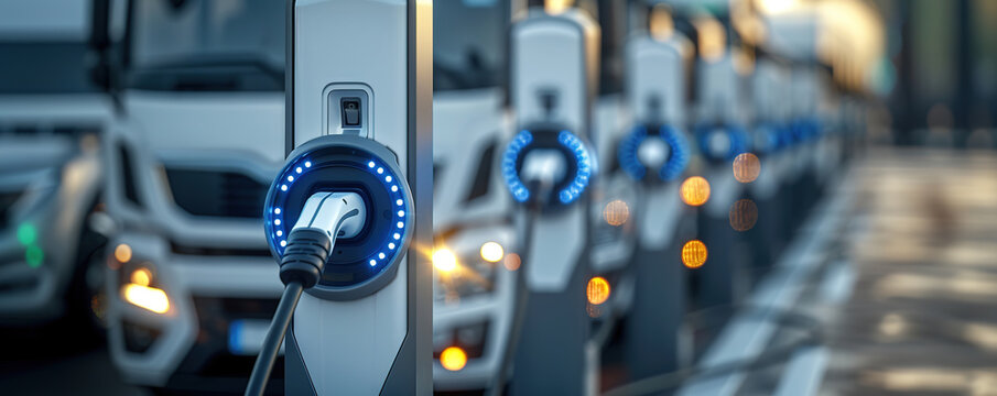 Electric trucks at charging stations, focus on charging plug.