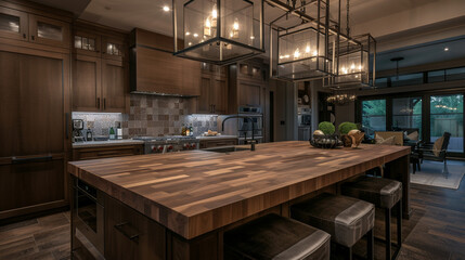 A Modern Craftsman kitchen showcasing a spacious island with a butcher block top, elegantly lit by custom pendant lighting