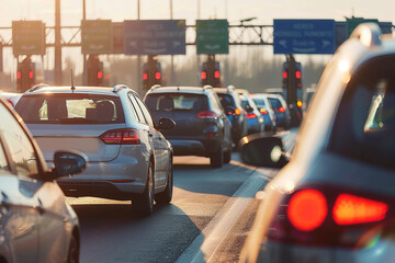 Photo of cars stuck in traffic at a toll plaza, drivers waiting impatiently, clear and bright day