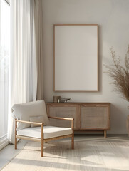 Mockup frame in a minimalist interior corner, a blend of modern and natural elements, wooden armchair with clean lines and white cushions, wooden cabinet, a white vase with dried pampas grass. Gen AI