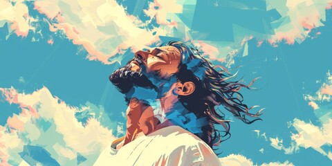 Jesus Christ looking up at the sky with clouds in his hair Generative AI