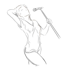 sketch of a woman singing while holding a microphone on a white background