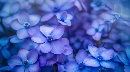 A closeup of delicate purple hydrangea blossoms, their petals painted in shades of blue and violet, creating an enchanting floral background. 