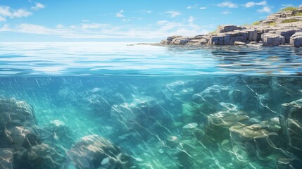 Fototapeta premium Crystal Clear Coastal Waters with Rocky Shoreline and Underwater View