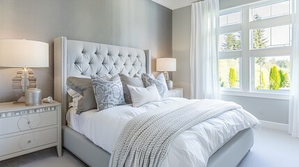 A large bed with a grey headboard and silver accents, two nightstands on each side of the bed, white walls, a window with light gray curtains, soft lighting, a cozy bedroom atmosphere