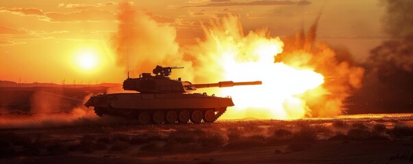 Battle tank firing at sunset