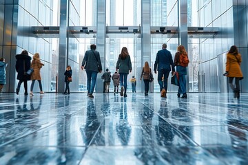 Modern mall office environment crowds of people going to work exposition groups of businesspeople in modern tech park business advancements meeting sun shining through huge windows architectural park