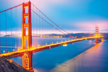 Illuminated famous Golden Gate Bridge, San Francisco at night, USA