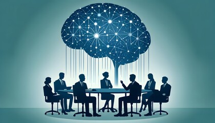 Business Team Engaged in Strategic Planning with AI Brainstorming Session in a Modern Conference Room