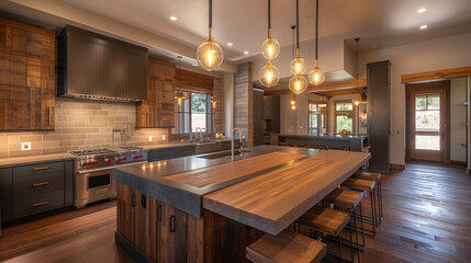 A panoramic view of a spacious Modern Craftsman kitchen, featuring a large island with a butcher block top, elegantly lit by a cluster of modern pendant lights