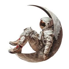 Fototapeta premium Conceptual image of astronaut in a spacesuit lounging on a stylized crescent moon with a transparent background