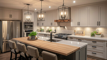 A serene Modern Craftsman kitchen interior featuring a large island with a butcher block top and contemporary pendant lighting 