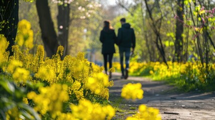 Fototapeta premium Stroll through the spring park with a backdrop of yellow flowers