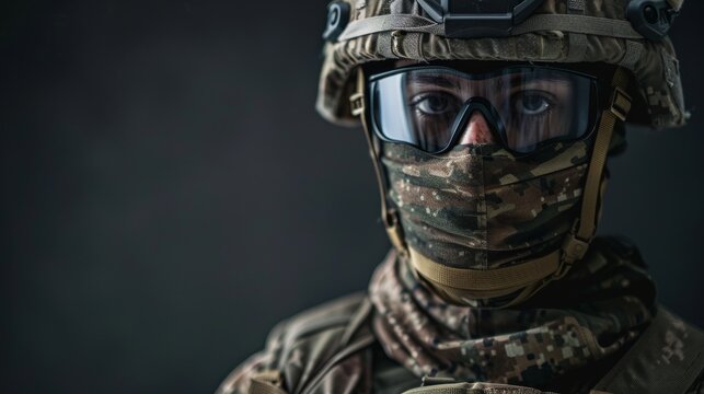 Close-up portrait of soldier in tactical gear