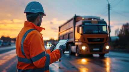 worker in orange jacket engrossed in checking data on tablet, freight transport and logistics