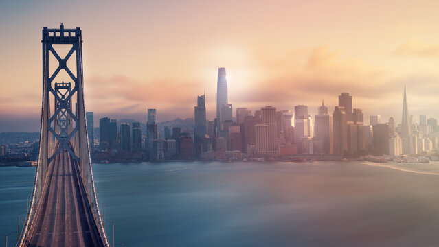 Wonderful view from the height of Oakland Bridge in San Francisco at sunset