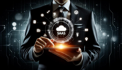 A businessperson in a suit holding a tablet with a glowing SaaS (Software as a Service) icon above it, surrounded by various technology-related icons.