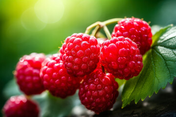 Bunch of Raspberries on Branch. Background with selective focus and copy space