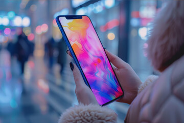 A hand holding a smartphone with a vibrant screen displaying a social media app, with notifications and a colorful interface.. AI generated.