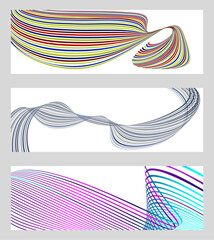 Wavy lines or ribbons. Set of 3 backgrounds. Multicolored striped gradient. Creative unusual background with abstract gradient wave lines to create a trendy banner, poster. vector eps