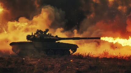 Military tank in fiery battlefield