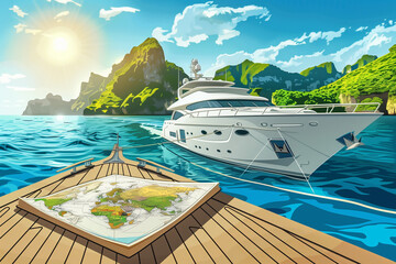 A boat is sailing in the ocean with a map on the deck. The map shows the route the boat is taking. Scene is adventurous and exciting, as the boat is exploring new waters