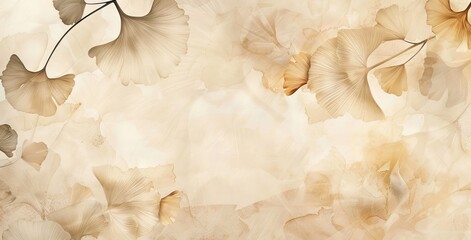 Abstract luxury art background with ginkgo leaves in blue, beige and gold tones. Botanical watercolor banner for wallpaper. AI generated illustration