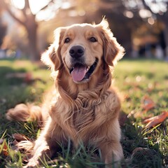 Fototapeta premium Adorable Golden Retriever Enjoying Grass Fields: Captured in Sony Camera Style 