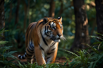 Fototapeta premium A fierce tiger stalking through a dense jungle, its eyes fixed on its prey.