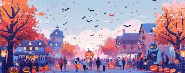 Create an image of a Halloween parade with floats and costumed participants