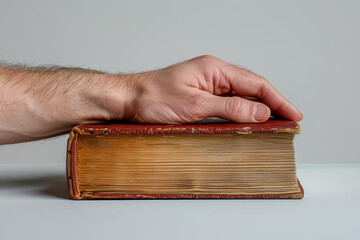 A close-up image of a hand gripping the spine of a hardcover book against a plain white background.. AI generated.