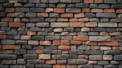 Obraz premium Ancient stone black wall of an 18th century castle or fortress with weathered and cracked bricks in close up view.