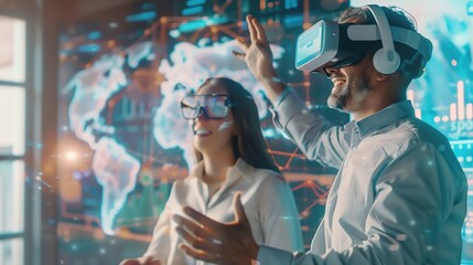 Illustrate a dynamic CG 3D image of a financial advisor guiding a young couple through an immersive virtual reality experience of their financial goals Emphasize futuristic technol