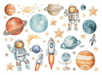 Planets astronaut set watercolor vector space theme element © Pickoloh