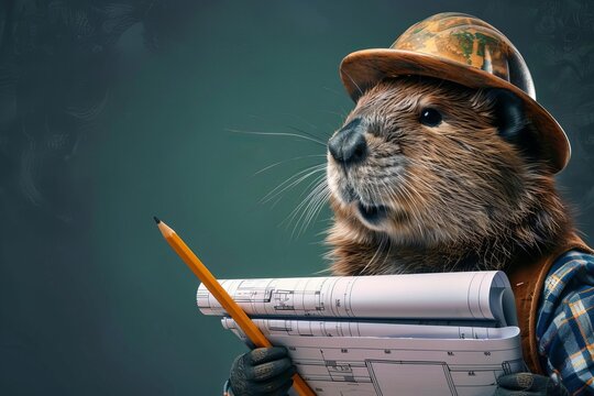 A beaver dressed as an engineer, holding blueprints and a pencil, with a solid dark green background and copy space