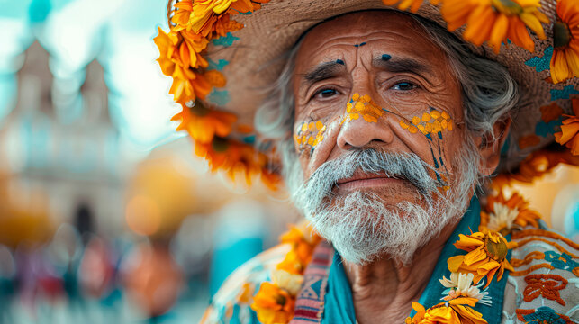 Elderly man with floral decorations, Dia de los Muertos, Mexico, cultural celebration