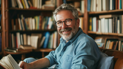middle-aged man with glasses and a blue shirt, relaxing with a book in a cozy home library