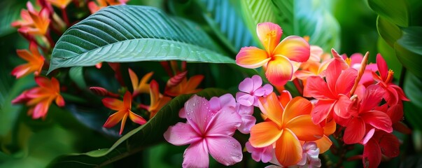 Fototapeta premium Tropical plumeria flowers in lush greenery