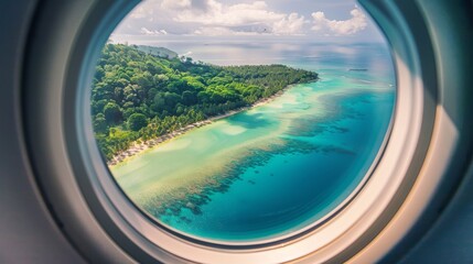 Airplane window view of tropical paradise
