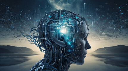 Obraz premium A human mind represented as a digital landscape, interconnected with cybernetic elements, depicting the fusion of biological and technological intelligence.