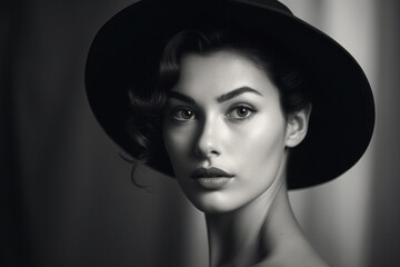 Black and white portrait of a young woman. Classic studio portrait with dramatic lighting. Monochrome film. Shallow depth of field.