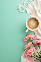 Cup of coffee with pink carnations and a white scarf on a green background, decorated with heart-shaped confetti. Suitable for content about cozy moments, floral decorations, and morning routines