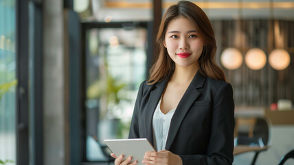 confident young Asian businesswoman holding a tablet, standing in a sleek and modern office space