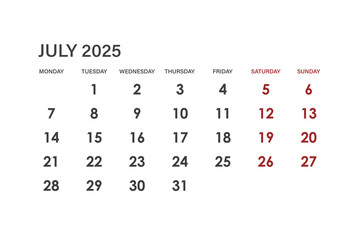 Calendar for July 2025. The week starts on Monday