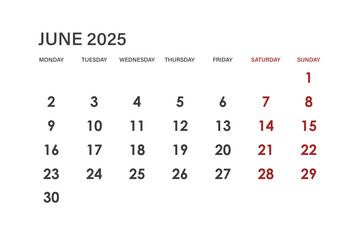 Calendar for June 2025. The week starts on Monday.
