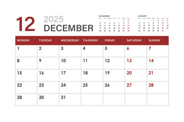 Calendar for December 2025. The week starts on Monday