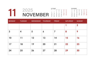 Calendar for November 2025. The week starts on Monday