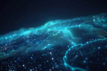 Stylized digital landscape with vibrant blue and cyan lights on a dark background, showcasing a dynamic flow of data across a virtual terrain
